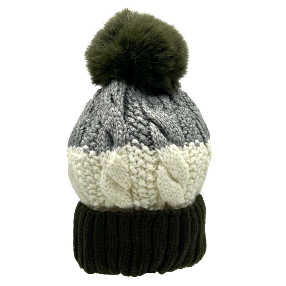 Faux Fur Cable Knit Stripe Pom Pom Hat
