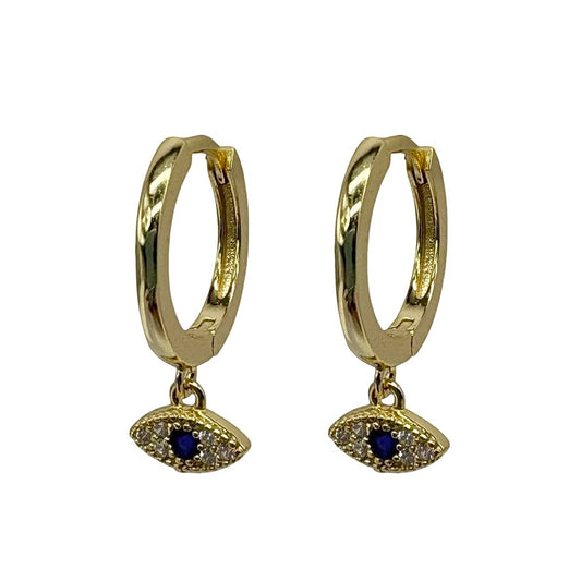 Gold Eye Drop Huggie With Blue Cubic Zirconia
