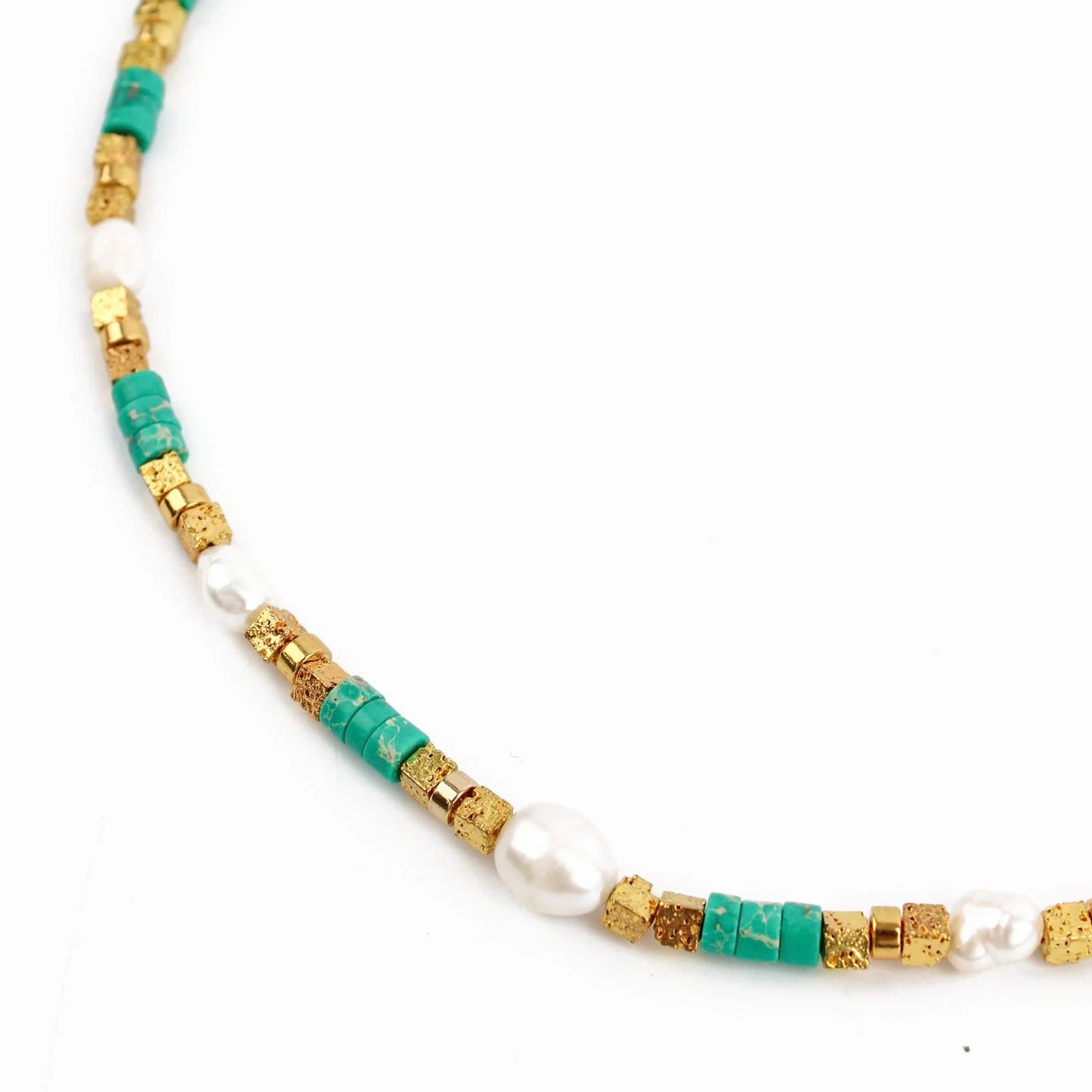 Beaded Green Cube And Gold Pearl Necklace
