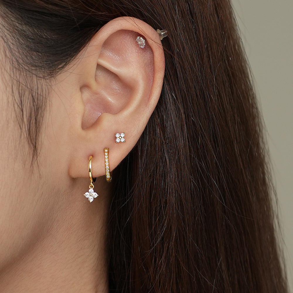 Gold 4 Petal Flower Stud With Cubic Zirconia