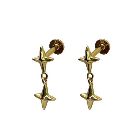 Gold Double Star Drop Stud