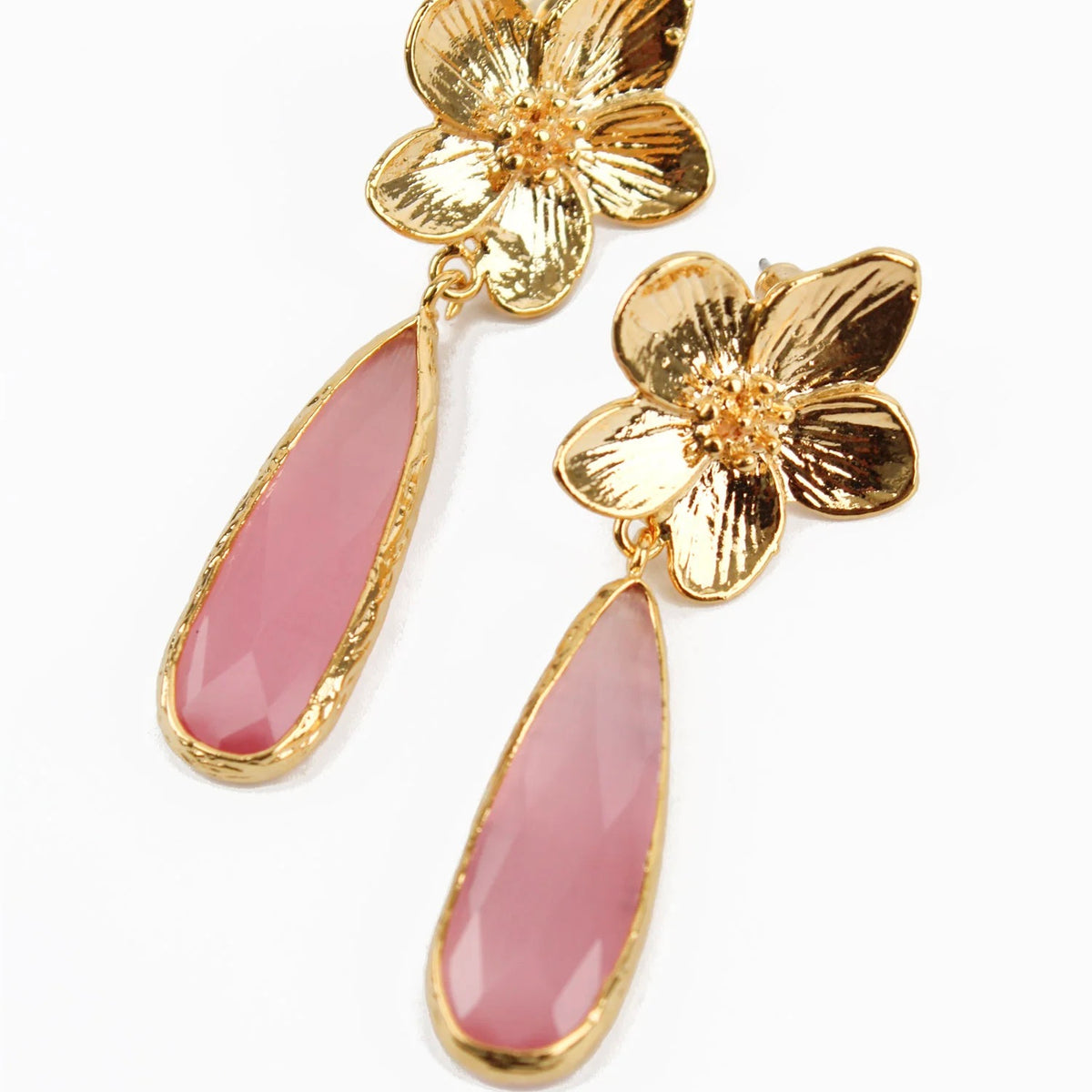 Gold Flower And Pink Glass Tear Drop Earrings