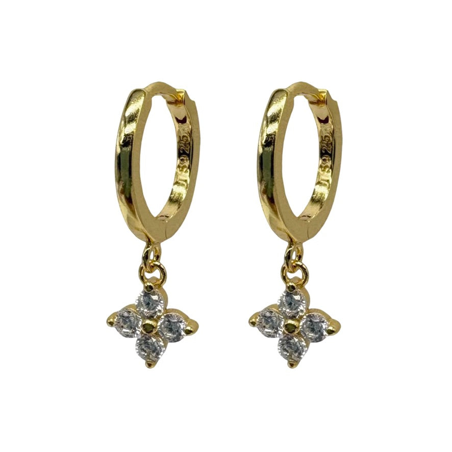 Gold 4 Petal Flower Drop Huggie With Cubic Zirconia