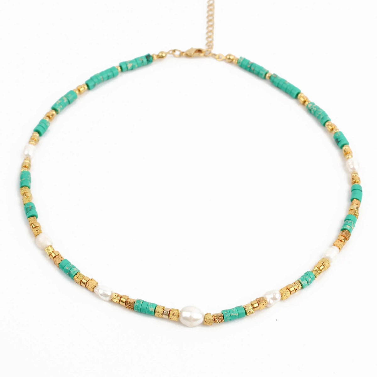 Beaded Green Cube And Gold Pearl Necklace