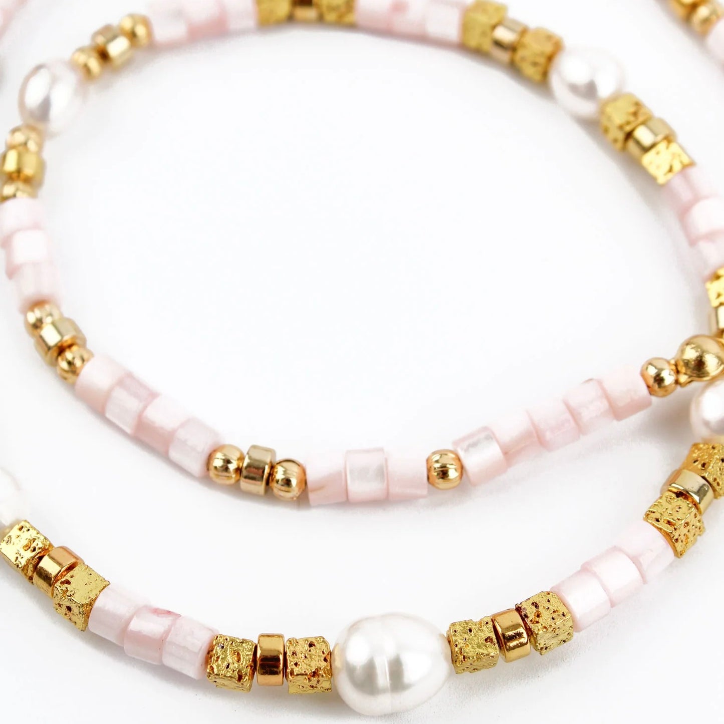 Beaded Pink Cube And Gold Pearl Necklace