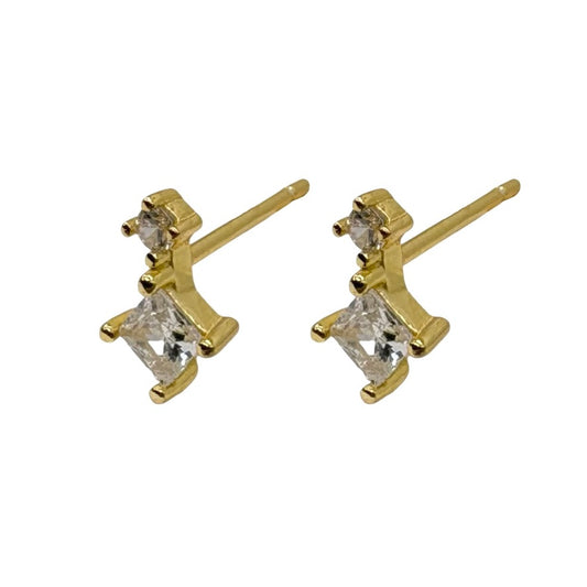 Gold Square Drop Stud With Cubic Zirconia