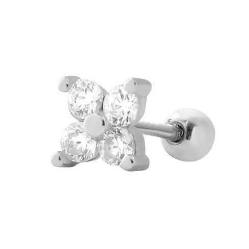Silver 4 Petal Flower Stud With Cubic Zirconia