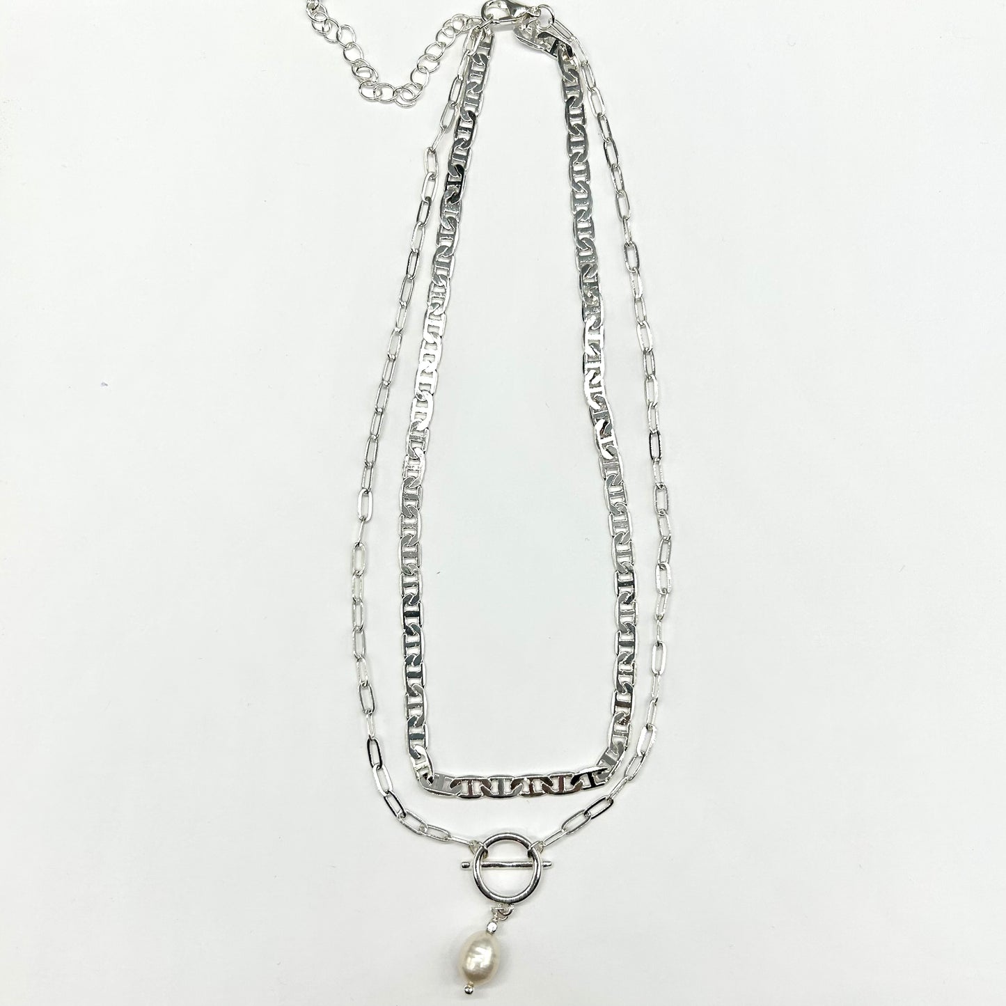 Double Layered T Bar and Pearl Drop Necklace
