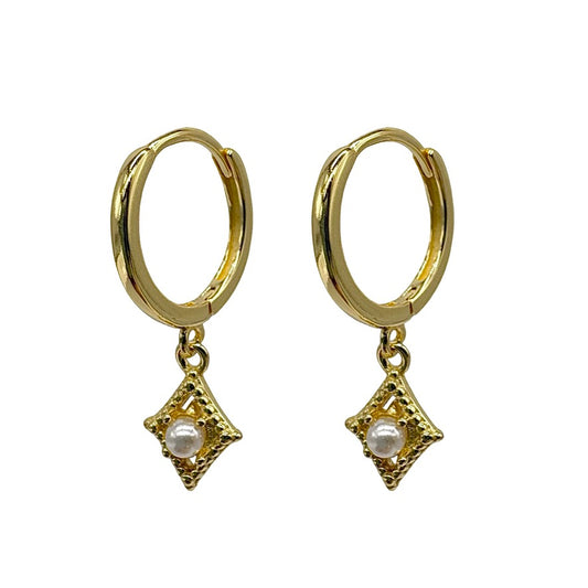 Gold Square Drop Huggie With Mother Of Pearl Centre