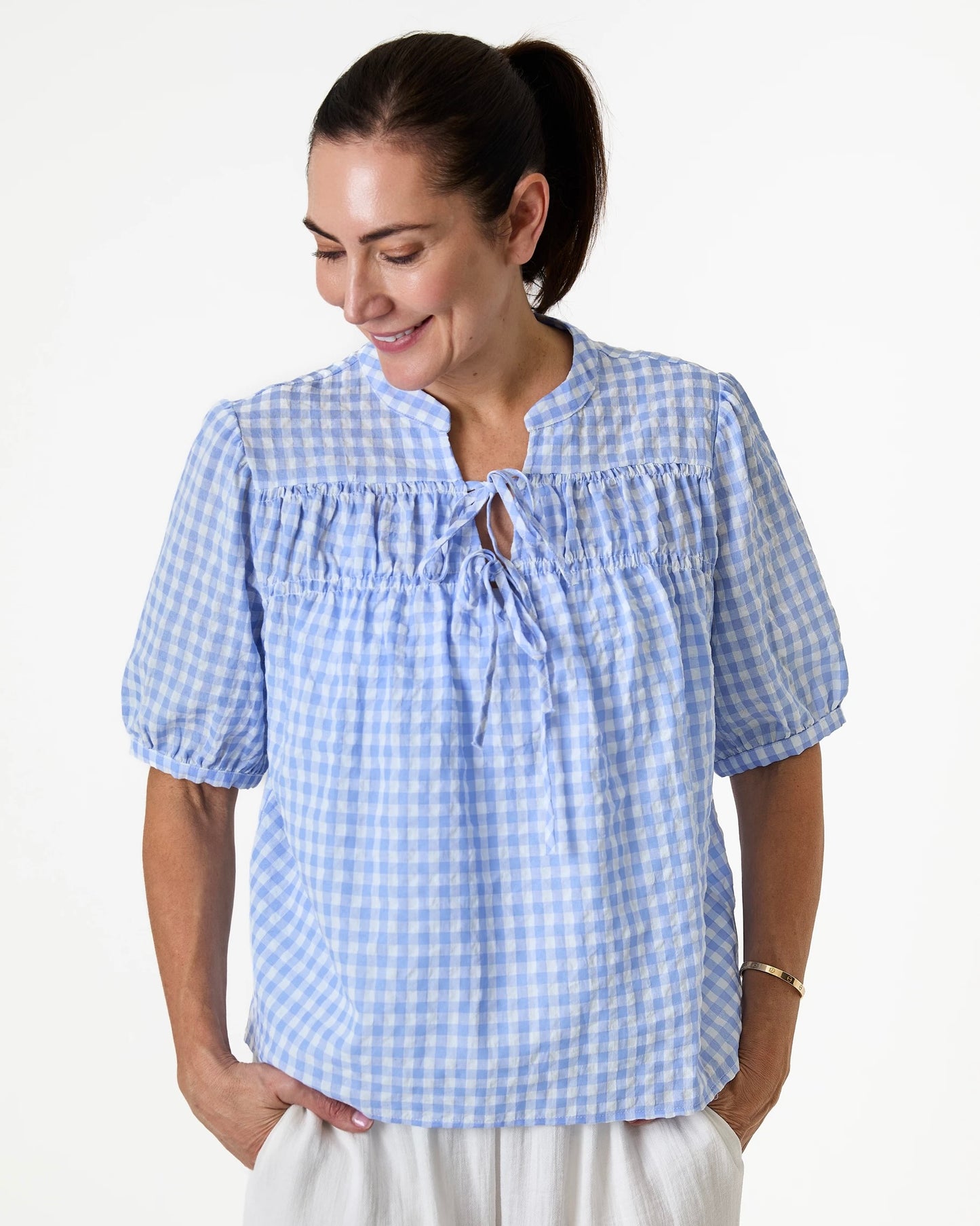 Angela Gingham Shirred Blouse
