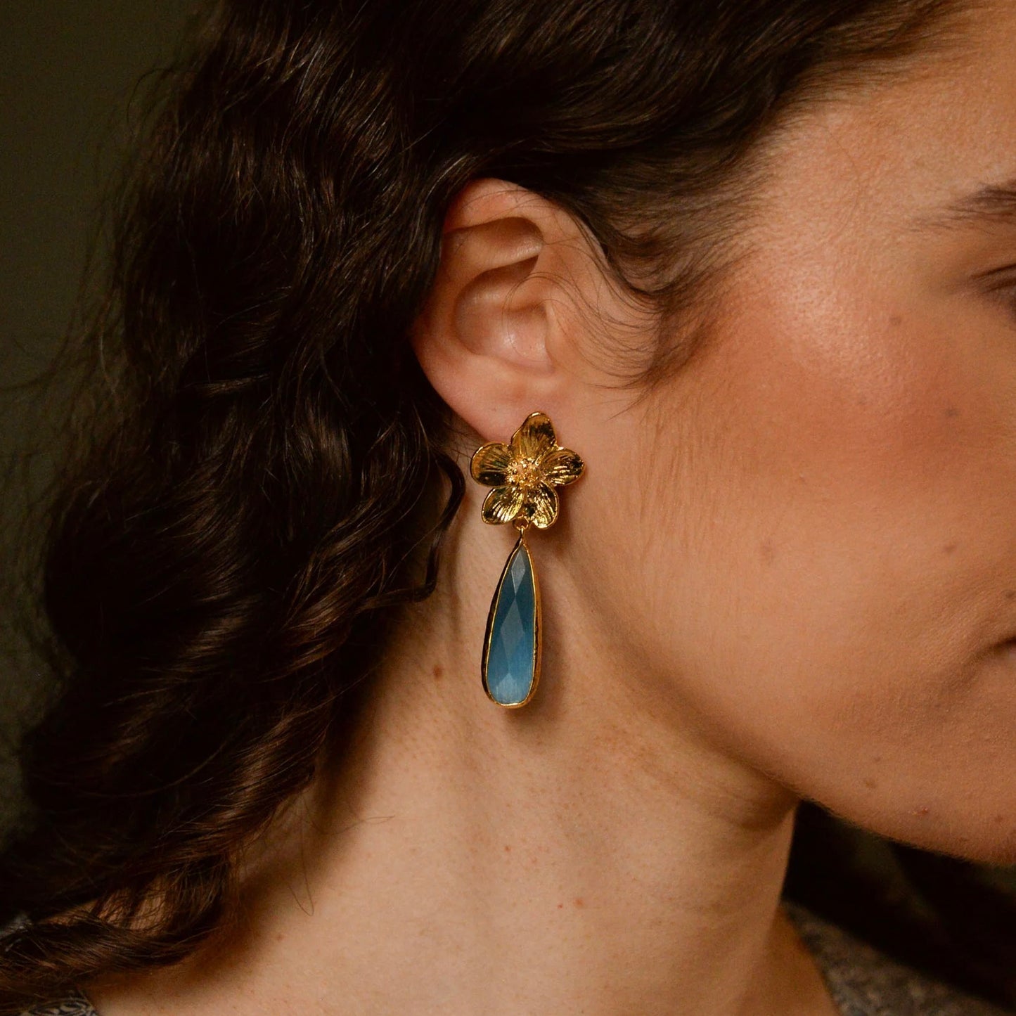 Gold Flower And Blue Glass Tear Drop Earrings