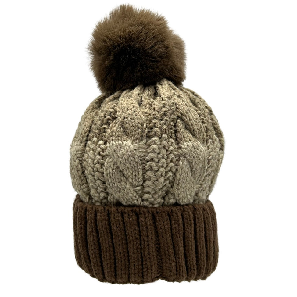 Faux Fur Cable Knit Stripe Pom Pom Hat