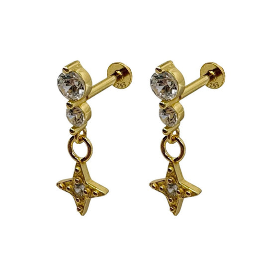 Gold Star Drop Stud With Double Cubic Zirconia