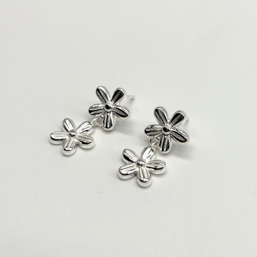 Silver Double Flower Drop Earrings
