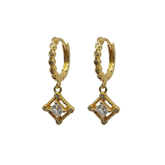 Gold Square Drop Huggie With Cubic Zirconia Centre