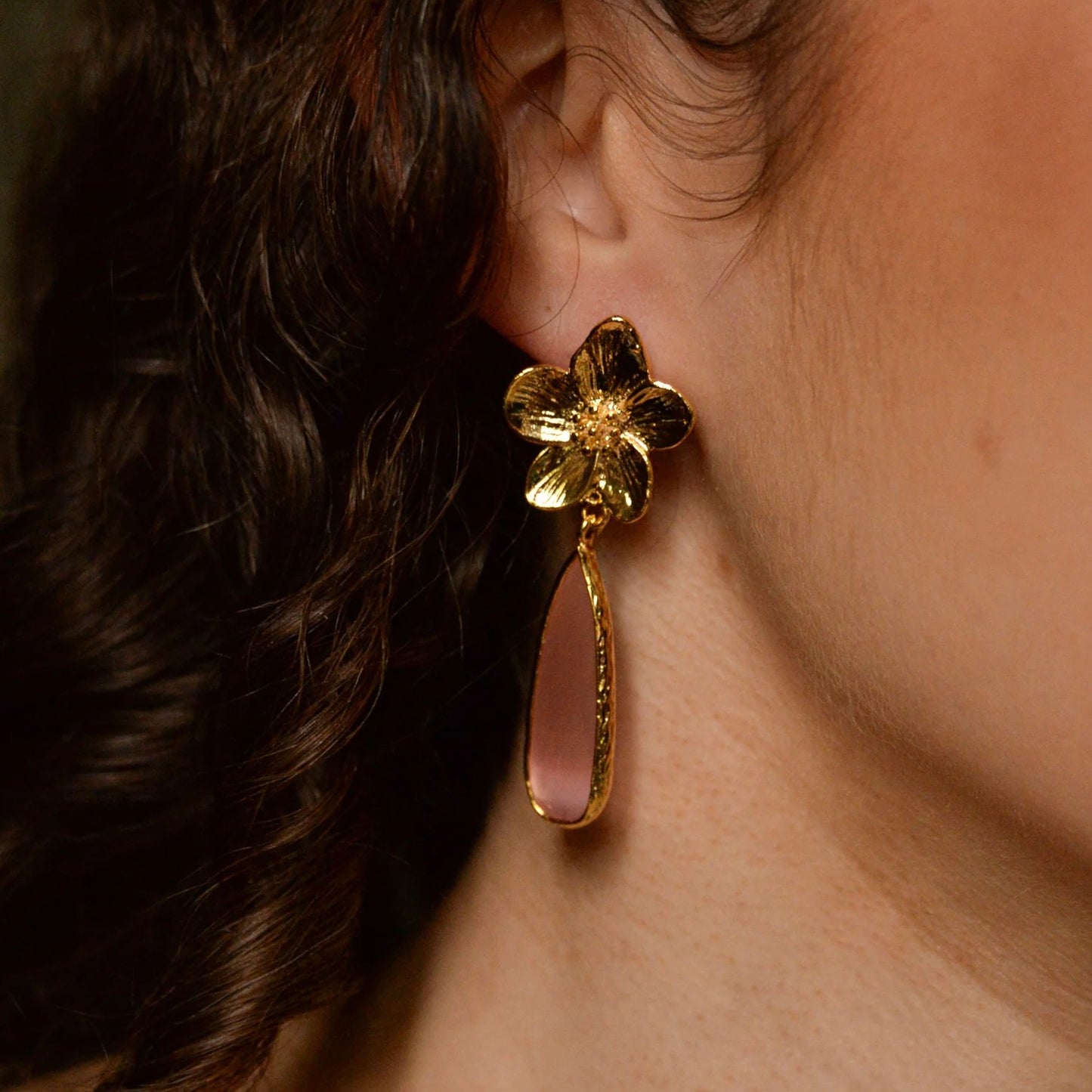 Gold Flower And Pink Glass Tear Drop Earrings