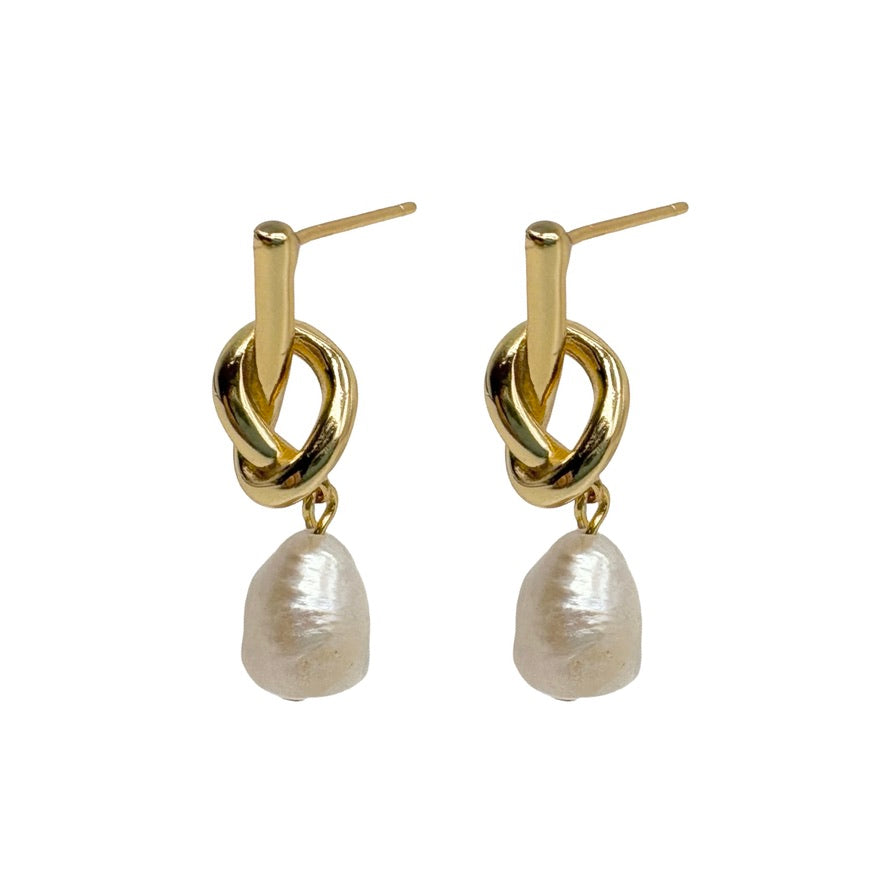 Gold Knot & Pearl Drop Earrings