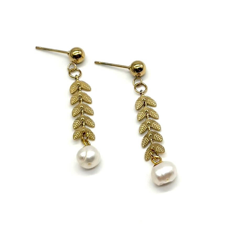 Fresh Water Pearl Leaf Drop Earring