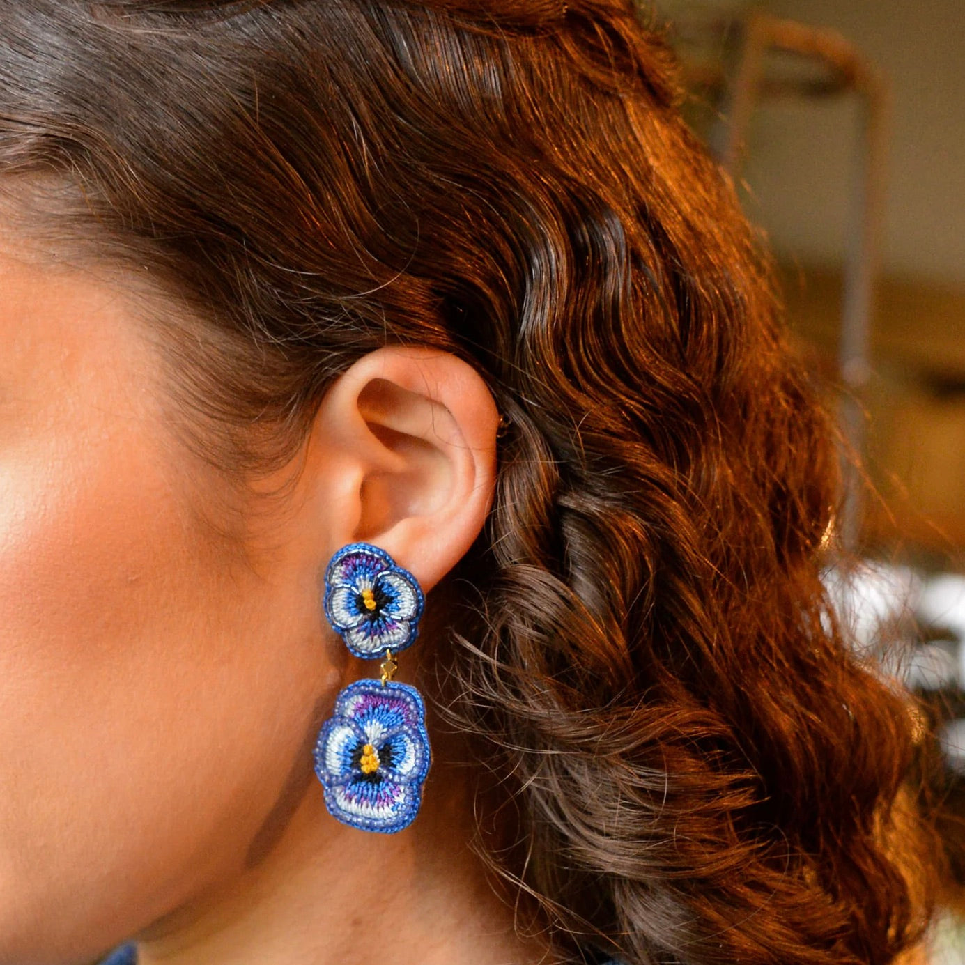 Double Blue Pansy Beaded Flower Earrings