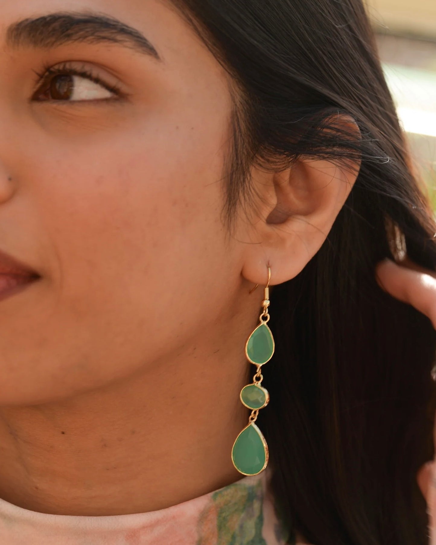 Green Triple Gemstone Drop Earrings