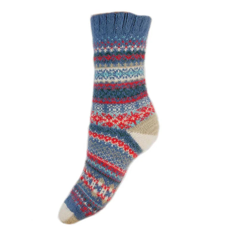 Blue, Cream & Red Scandi Patterned Wool Blend Socks