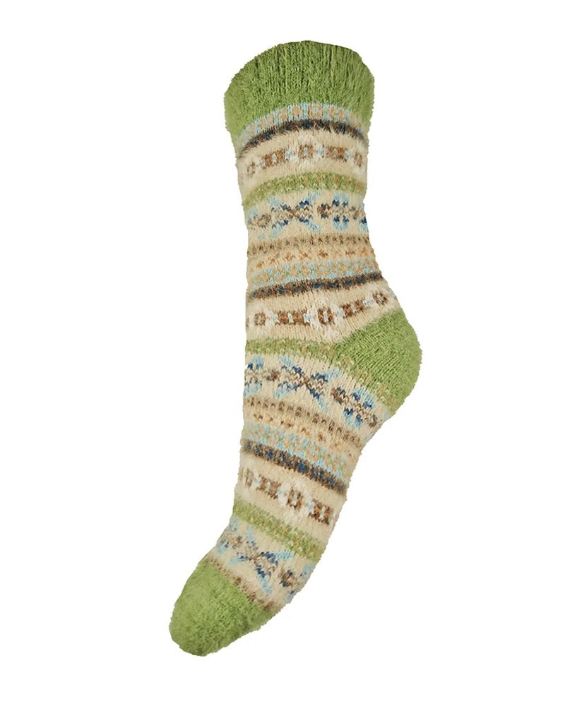 Beige & Green Fairisle Cosy Socks