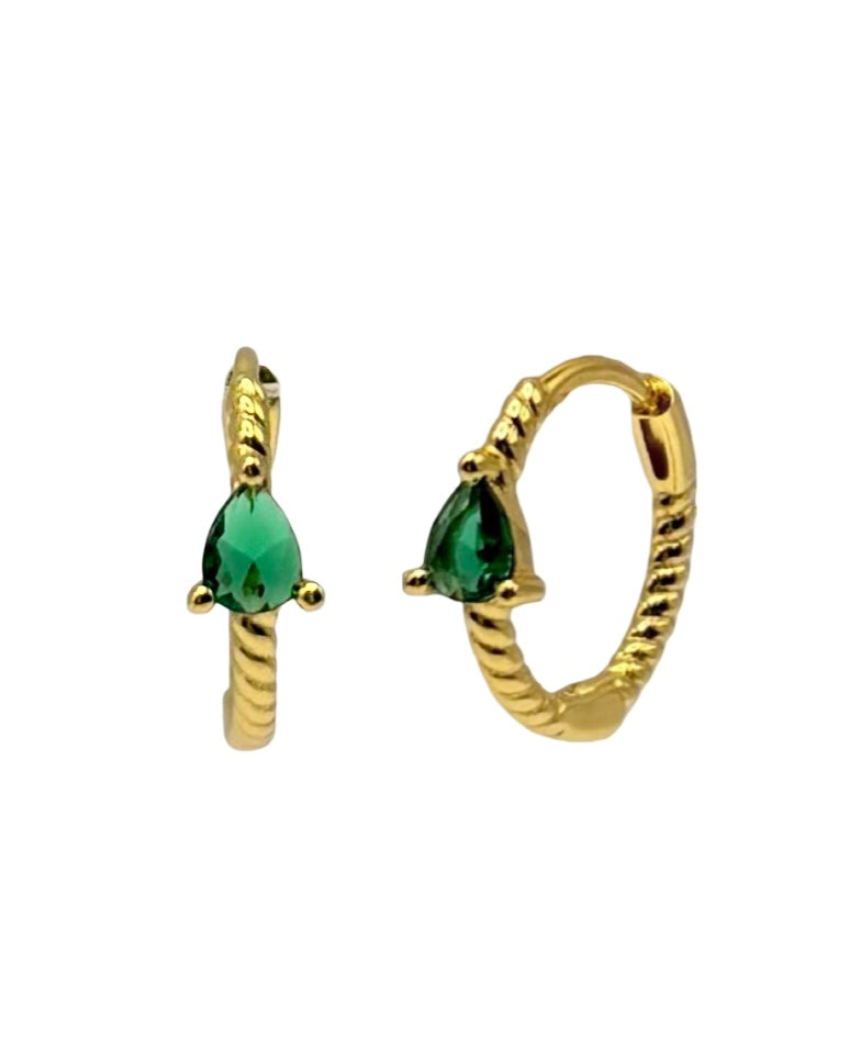 Gold & Green Ribbed Hoops With Teardrop Cubic Zirconia