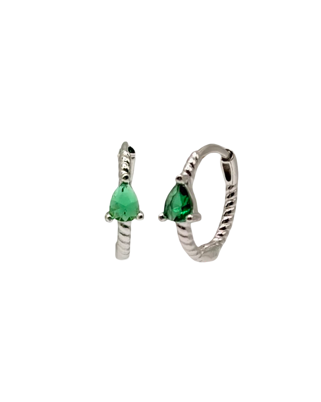 Silver & Green Ribbed Hoops With Teardrop Cubic Zirconia