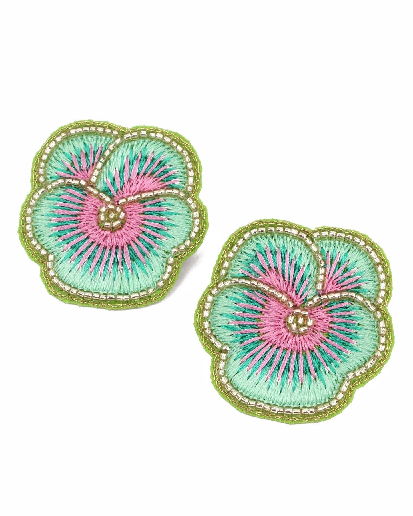 Mint Green Pansy Stud Beaded Earrings