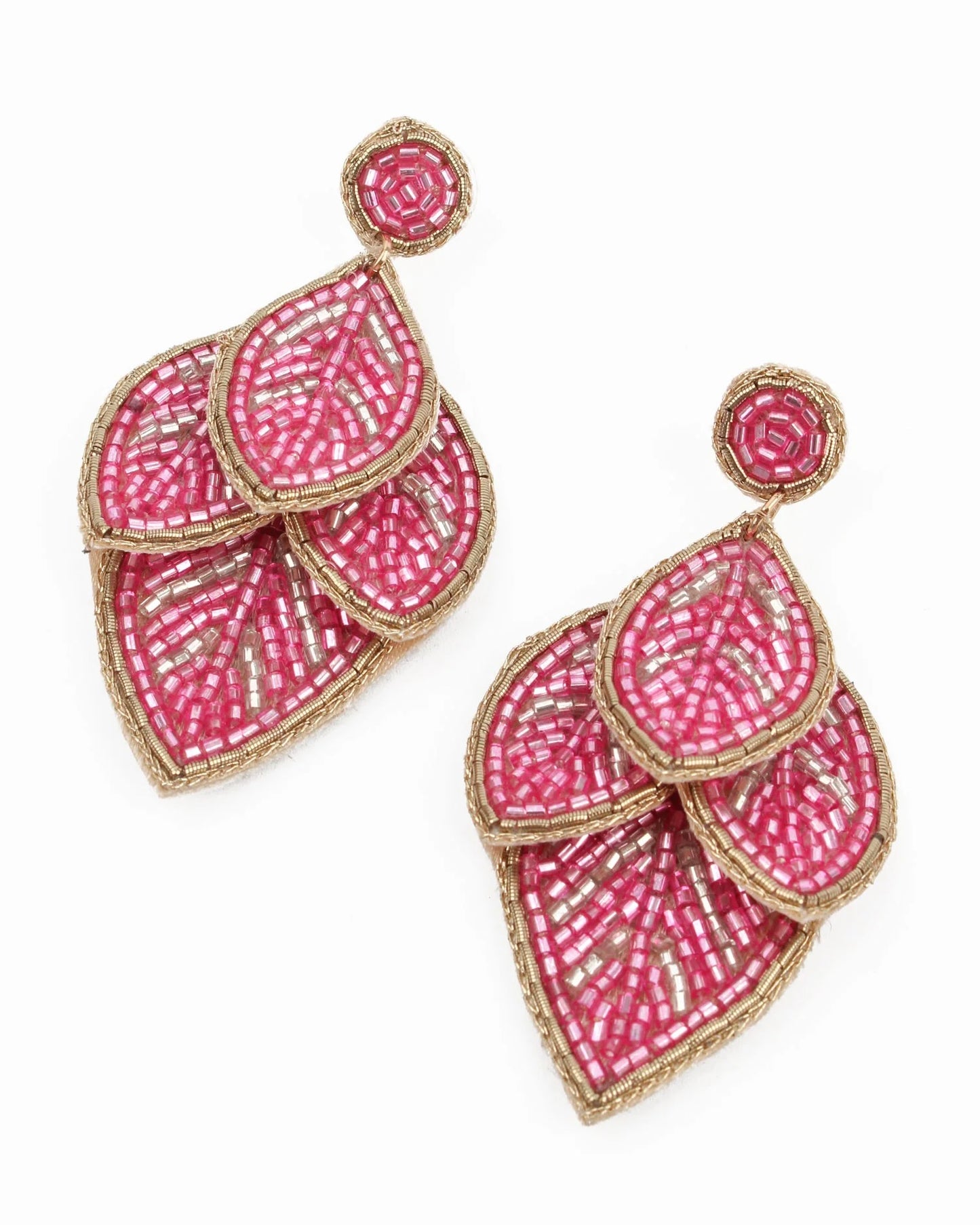 Pink Beaded Leaf Earrings