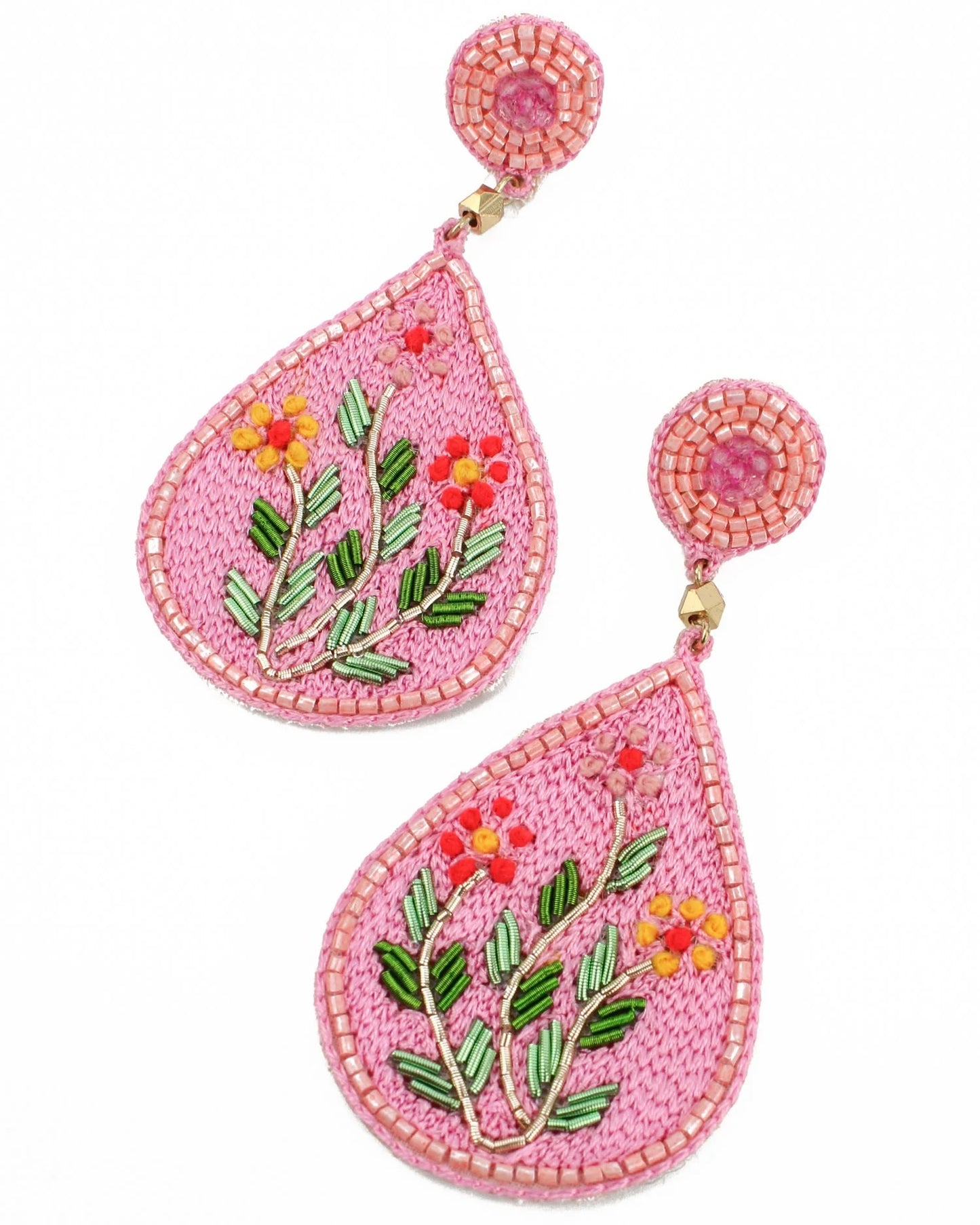Pink Embroidery Folk Floral Teardrop Earrings