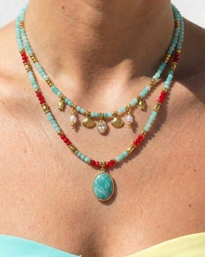 Semi Precious Stone Pendant Beaded Necklace