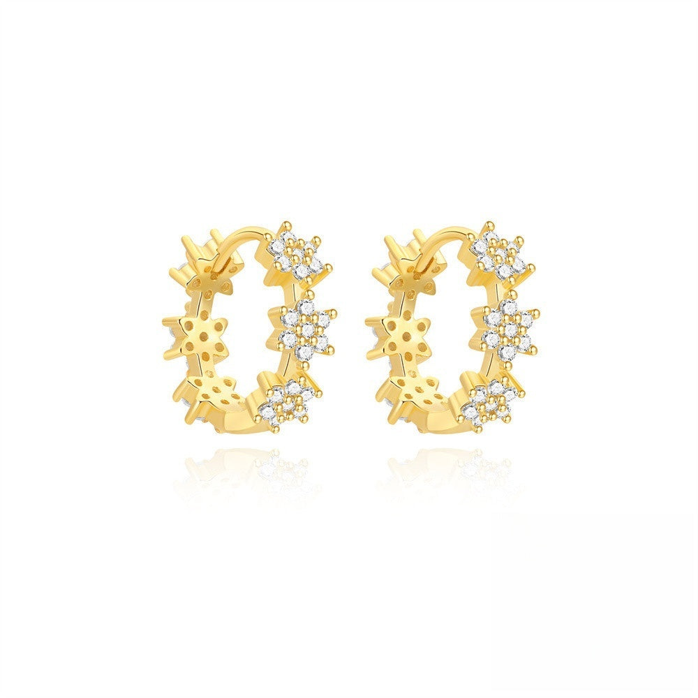 Gold Flower Huggies With Cubic Zirconia