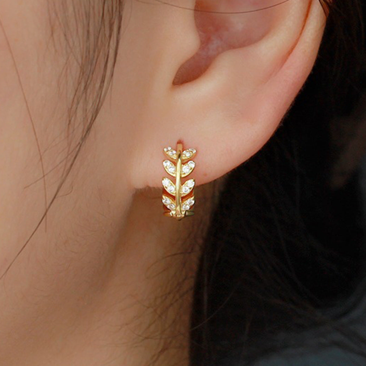 Gold Leaf Huggies With Cubic Zirconia