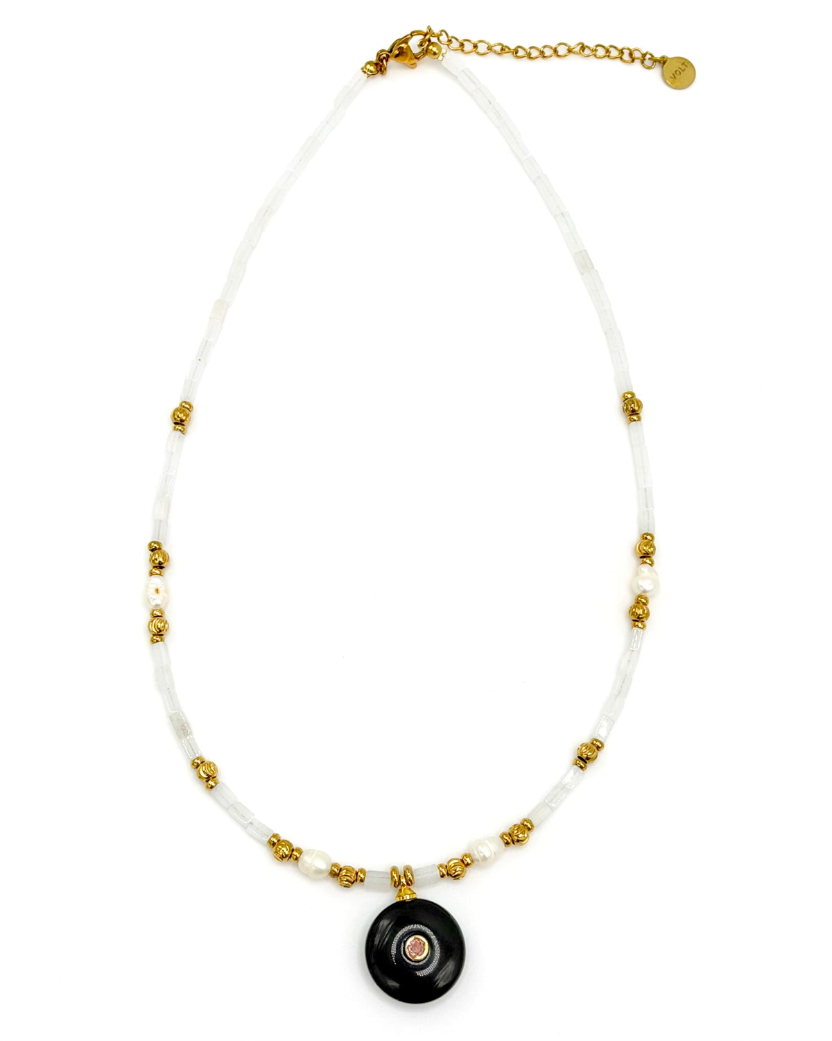 Semi Precious Stone Circle Pendant Beaded Necklace