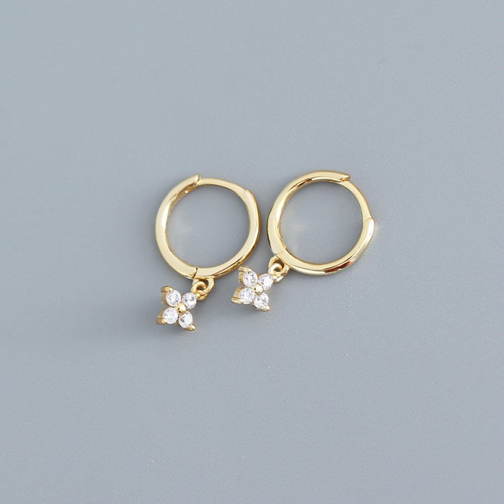 Gold 4 Petal Flower Drop Huggie With Cubic Zirconia