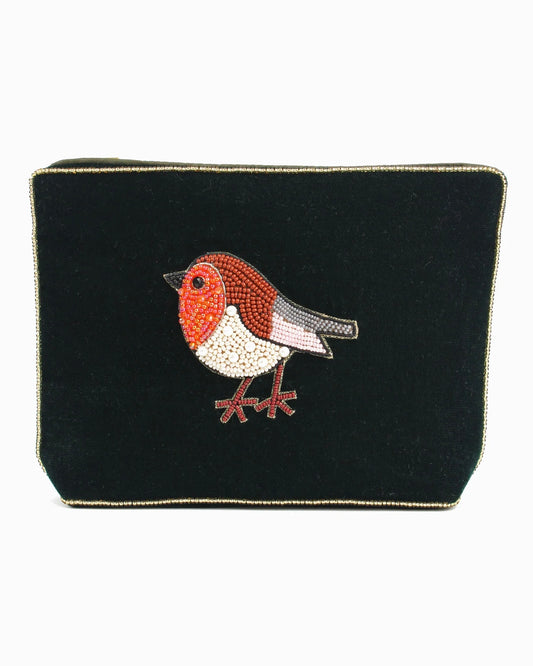Dark Green Robin Medium Velvet Pouch