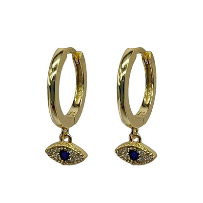 Gold Eye Drop Huggie With Blue Cubic Zirconia