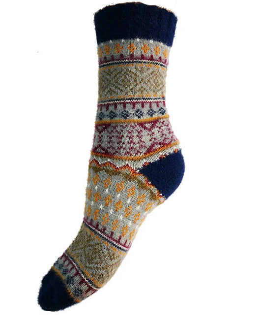 Blue, Grey & Burgundy Scandi Patterned Wool Blend Socks