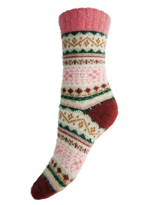 Cream, Pink & Brown Scandi Patterned Wool Blend Socks