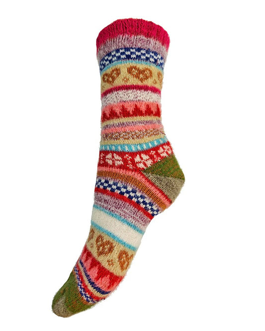 Multi Coloured Dark Red Cuff Scandi Patterned Wool Blend Socks