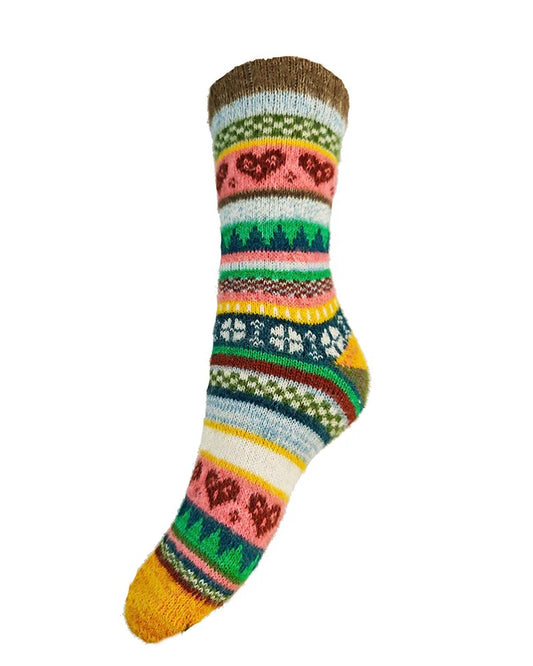 Multi Coloured Grey Cuff Scandi Patterned Wool Blend Socks