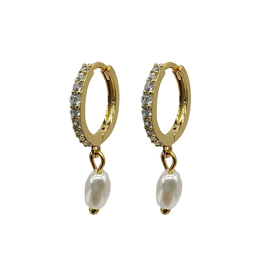 Gold Mother Of Pearl Drop Huggies With Cubic Zirconia