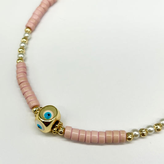 Coloured Beaded And Gold Eye Charm Necklace