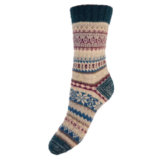 Fawn, Teal & Burgundy Scandi Patterned Wool Blend Socks