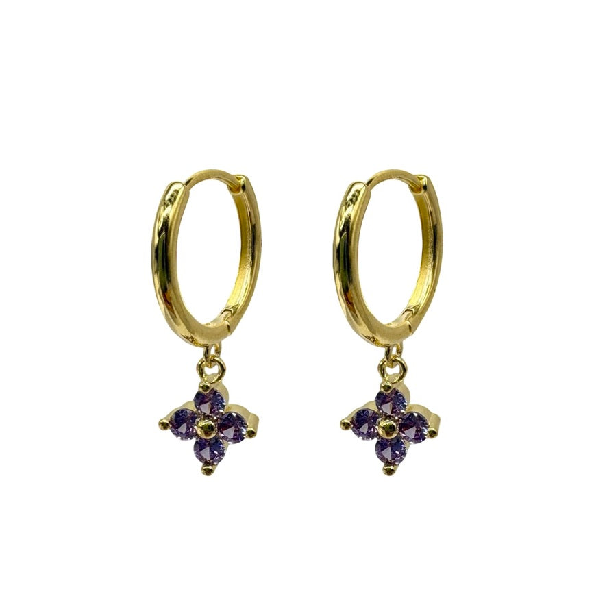 Gold Hoop With Purple Flower Cubic Zirconia Drop