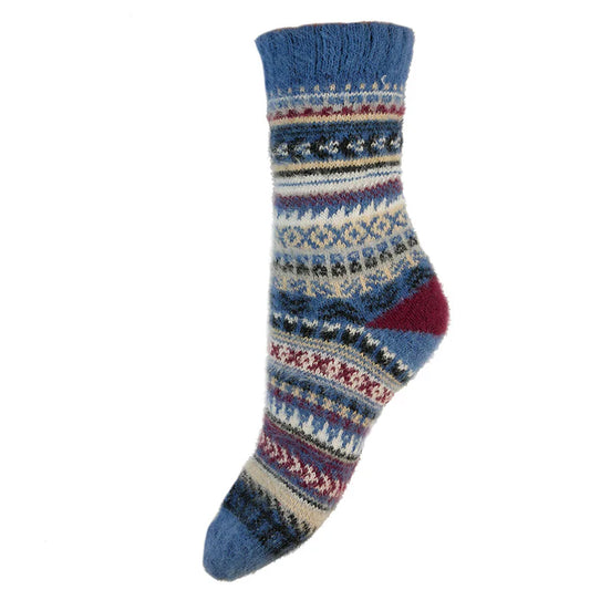 Blue & Burgundy Scandi Patterned Wool Blend Socks