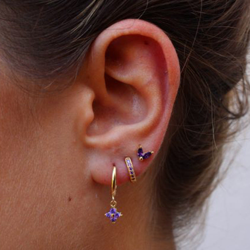 Gold Hoop With Purple Flower Cubic Zirconia Drop