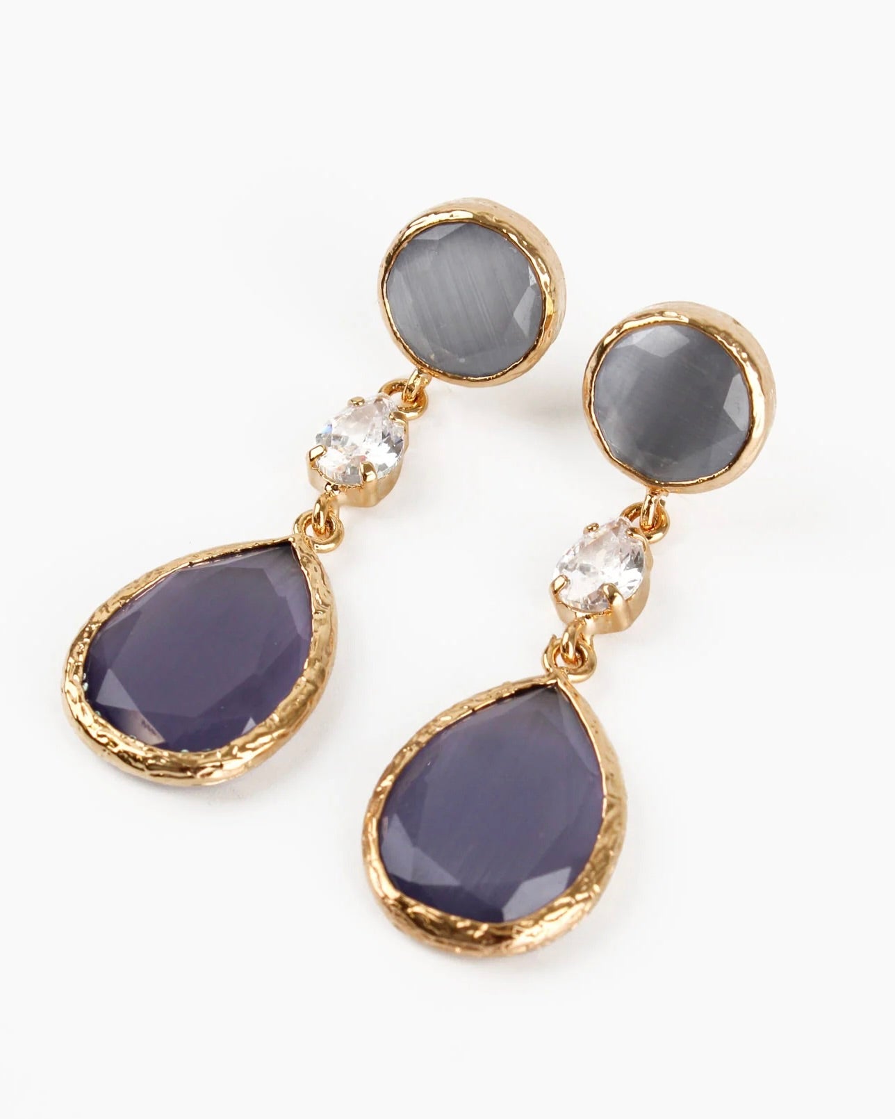 Grey Lilac Stone Triple Drop Earrings