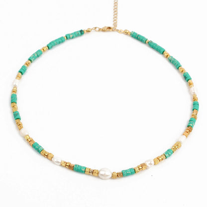 Beaded Green Cube And Gold Pearl Necklace